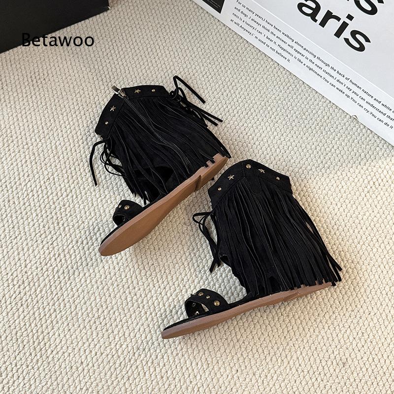 Star Flat Back - Women Western Fringe Mid-Calf Gladiator Sandals